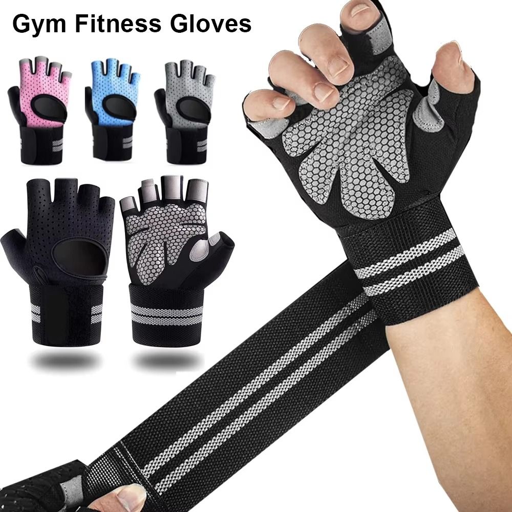 Wrist Wrap Support - 1 ペアとリストラップサポートジムフィットネスグローブハーフフィンガー滑り止めエクササイズリストバンドグローブ通気性
